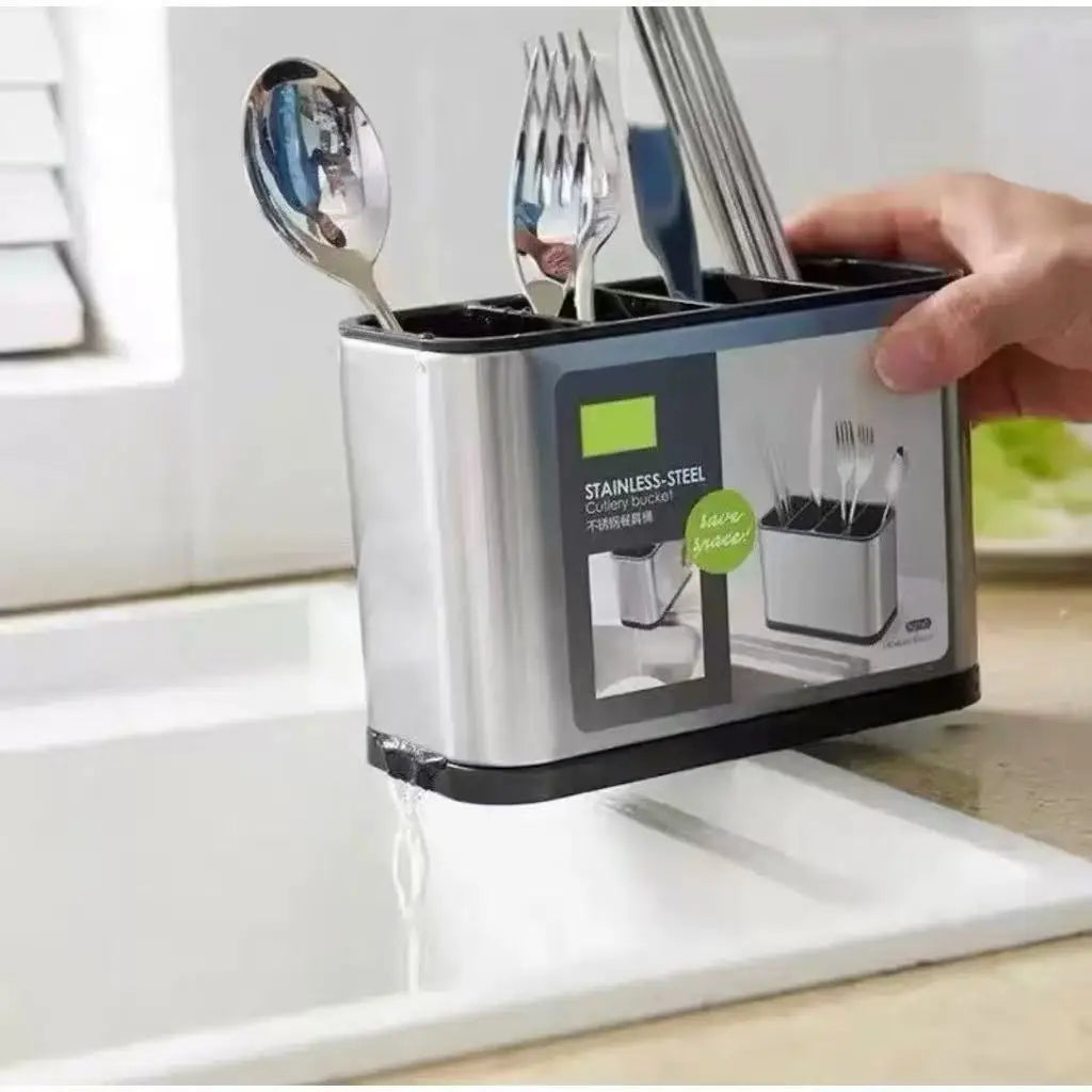Porta Talheres em Aço Inox com Dreno para Pia e Bancada