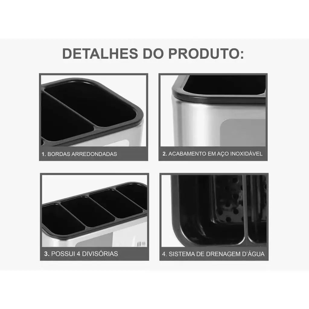 Porta Talheres em Aço Inox com Dreno para Pia e Bancada
